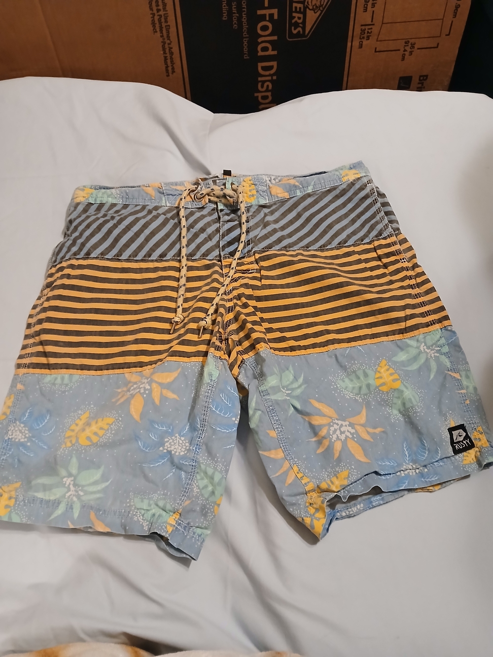 Rusty Yellow and Light Blue Striped Floral Board Shorts